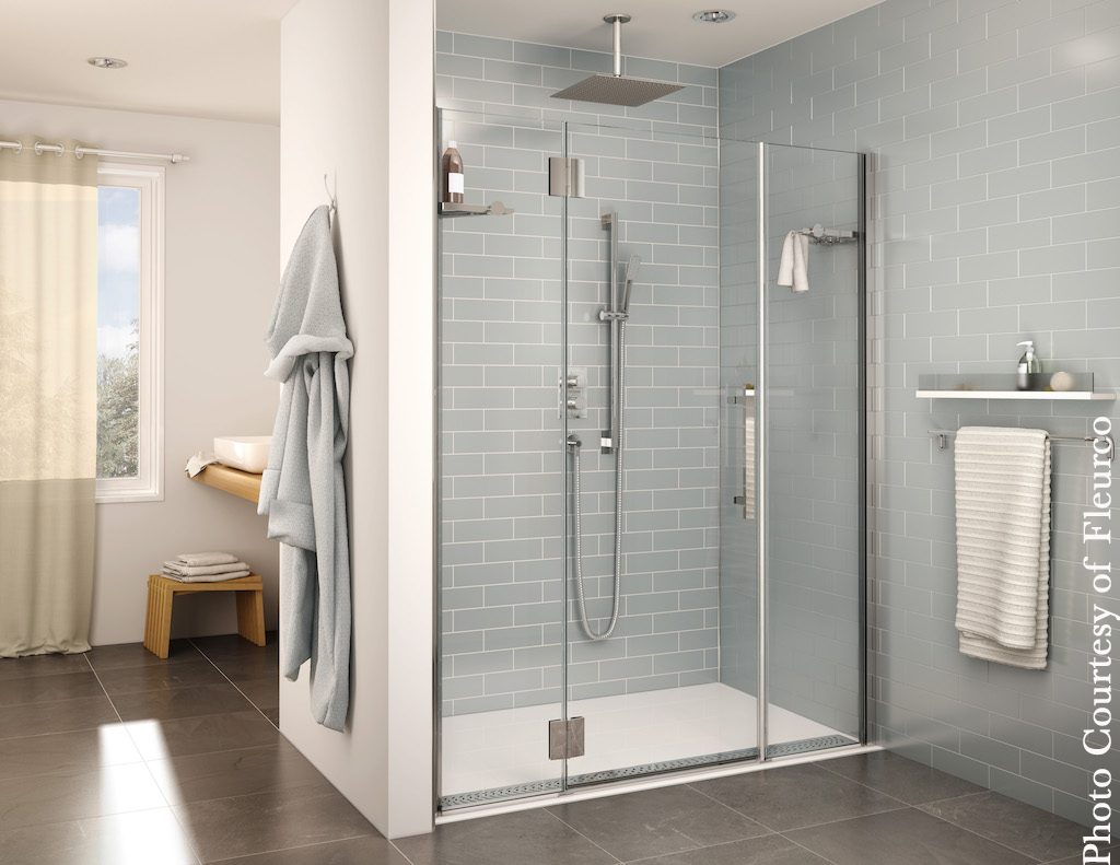 Accessible shower, blue, universal design bathroom