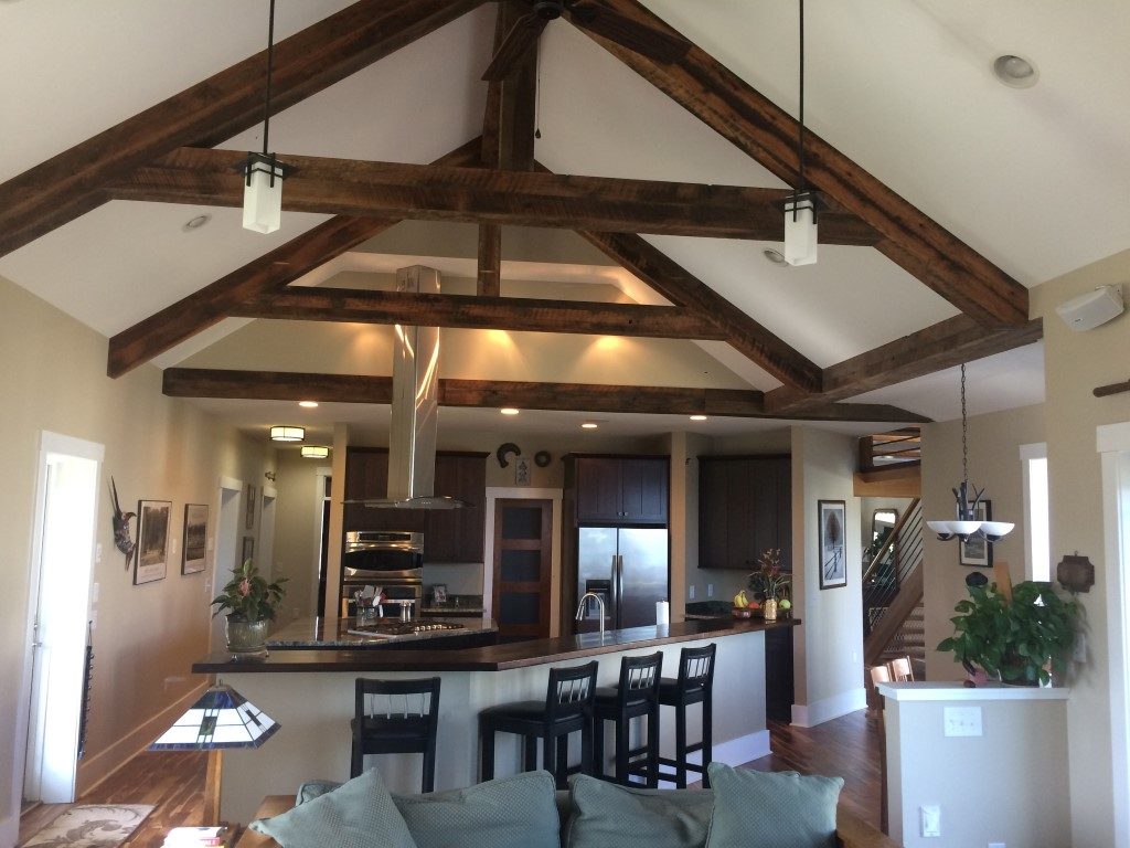 open concept kitchen with beams